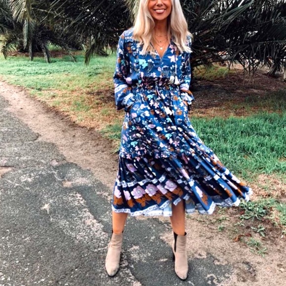 Wild Bloom Gypsy Boho Blue Floral Flowy Midi Dress - Picture 8 of 11